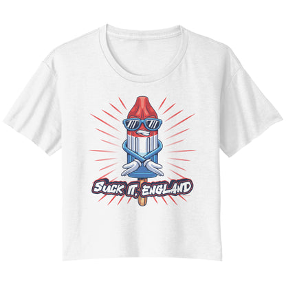 Suck It, England! Funny 4th of July Ladies Flowy Crop T-Shirt