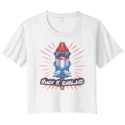 Suck It, England! Funny 4th of July Ladies Flowy Crop T-Shirt